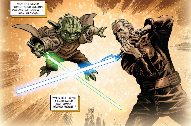 Yoda stages a mock duel with his former Padawan in a flashback to Dooku’s time as a Jedi in the Age of Republic comic series.